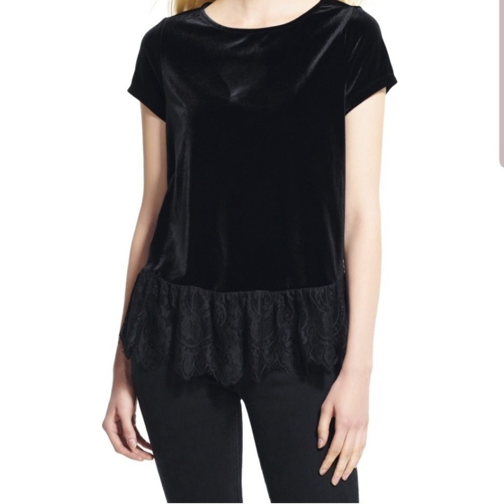 Adrianna Papell Size Large Black Velour Velvet Top With Lace Hem Holiday Top